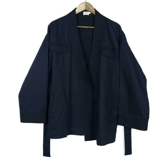 Faherty Jacket Small Black Organic Cotton Wrap Front Tie Belt Minimalist Coat - Picture 1 of 10